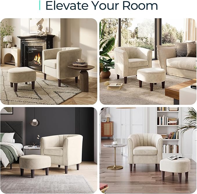 LINSY Accent Chair with Ottoman, Modern Barrel Chair Small Armchair Reading Chair with Footrest, Comfy Round Arms Chair for Living Room Bedroom Reading Room, Velvet, Beige