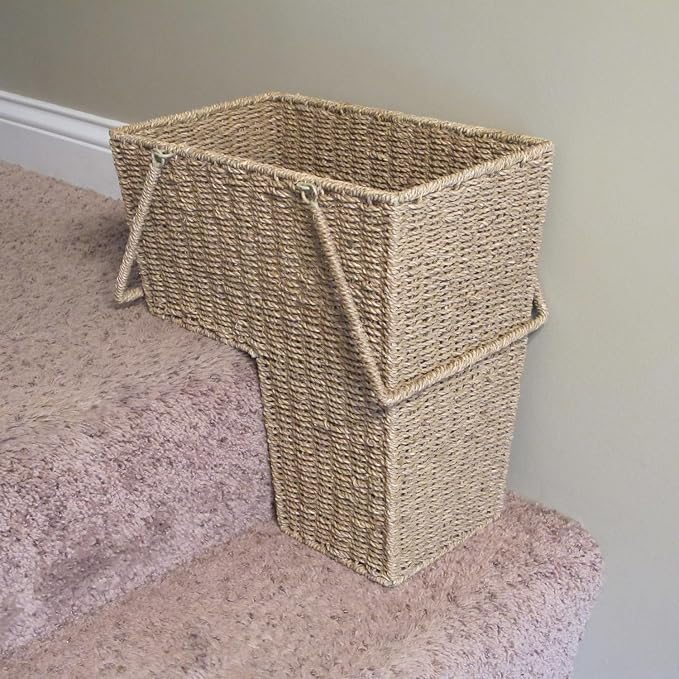 Household Essentials Wicker Stair Basket with Handles, Handwoven Seagrass, Natural - Image 3