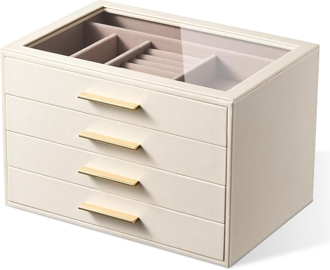 pickpiff Jewelry Box Organizer Case for Women: 4-Layer Jewelry Storage Case with Glass Window, Ivory Leather with Pink Velvet, Holder for Ring Necklace Bracelet Brooch Watch, Great Gift for Her by pickpiff