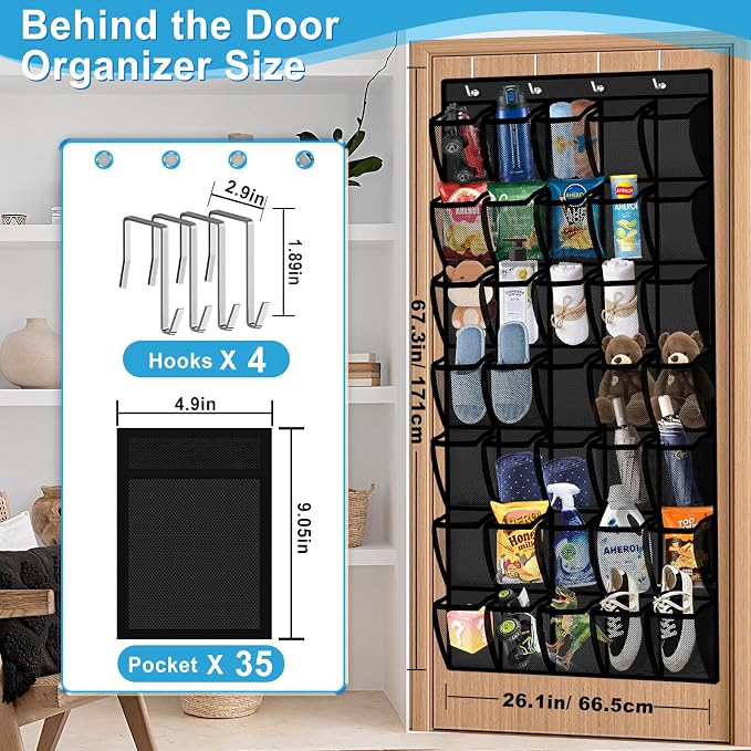 Aheroi 35 Pockets Large Over the Door Organizer, Breathable Mesh Pockets Hanging Shoe Organizer, Black Door Shoe Organizer Mesh Closet Shoe Holder Hanger Holds Up to 40 lbs, Space Saving Shoe Rack - Image 2
