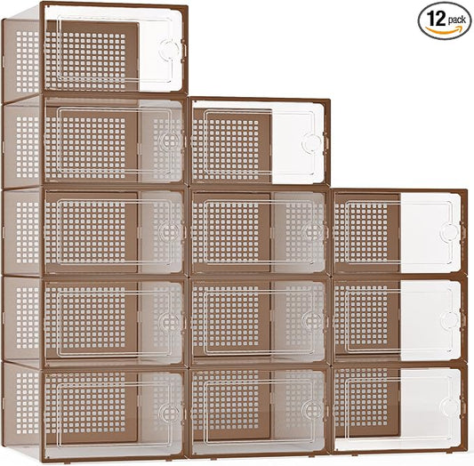 Kuject X-Large Shoe Storage Boxes Organizers for Closet 12 Pack, Fit Size 11,Clear Plastic Stackable Sneaker Containers for Entryway, Space Saving Shoe Rack, Brown by Kuject