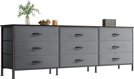 Huuger 63 Inch Dresser for Bedroom, Dresser for Closet with 9 Fabric Drawers, Large TV Stand for 55, 65, 70 Inch TV, Entertainment Center with Storage, Wide Long Chest of Drawers, Walnut and Dark Grey