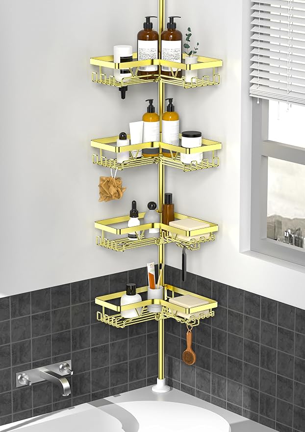 KEGII Corner Gold Shower Caddy Tension Pole - 4-Tier Rustproof Shower Rod Organizer, Floor to Ceiling Tension Rod 25-114.2 inch, Stainless Steel Corner Shower Shelf, Waterproof by KEGII
