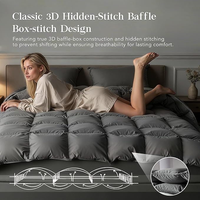 Feather Down Fiber Comforter Twin Size,Premium Ultra-Soft Breathable Comforter High Fill Power Grey Duvet Insert,All Season Hotel Luxury Bedding Comforters 8 Corner & Center Loops,Baffle Box Design