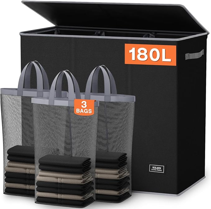 SOLEDI 180L Laundry Hamper 3 Section, Extra Large Laundry Hamper with Lid, Dirty Clothes Hamper with Sturdy Handle, Large Laundry Basket Organizer for Laundry Room, Bedroom, Hampers for Laundry by SOLEDI