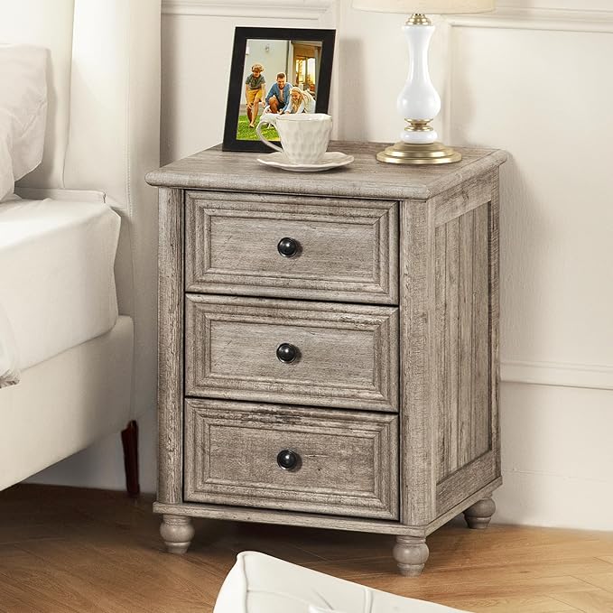 RWYHG 18" Farmhouse Night Stand, Wood Nightstand with 3 Drawers, Grey Bedside End Table with Storage and Roman Column, Bed Side Tables Cabinet for Bedroom, Living Room, and Closet