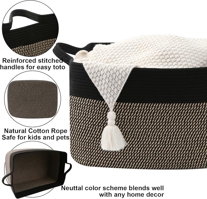 96L Large Blanket Basket,24"x16"x15"Rectangle Storage Bin with Handles,Woven Rope Laundry Basket for Toys, Clothes,Magazines,Home Organization,Nursery,Living Room & Bedroom,Black&Jute - Image 3