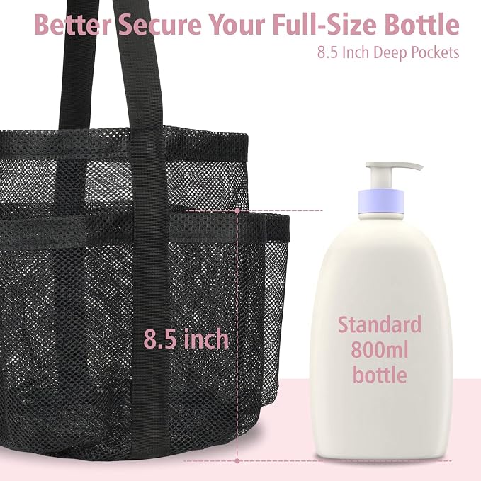 F-color Mesh Shower Caddy Portable, Large Capacity Shower Bag Basket Tote for College Dorm Room Toiletry Gym Rv Essentials, Bathroom Caddy Bag with S Hook, Black - Image 3