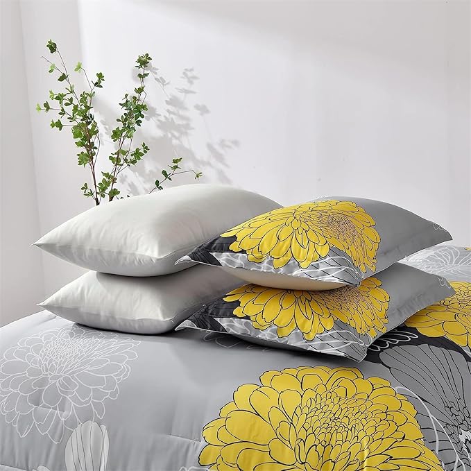 Yiran 7 Pieces Bed in a Bag Comforter Set Yellow Floral Comforter Flowers Soft Microfiber Bedding Set King Size (1 Comforter 1 Flat Sheet 1 Fitted Sheet 2 Pillowshams 2 Pillowcases)