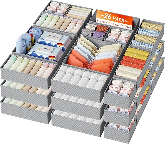 DIMJ Drawer Organizer Clothes, 26Pack Dresser Organizer, Foldable Closet Organizers and Storage, Fabric Dresser Bins, Drawer Dividers for Nursery, Baby Clothes, Underwears, Sock,Gray by DiMJ