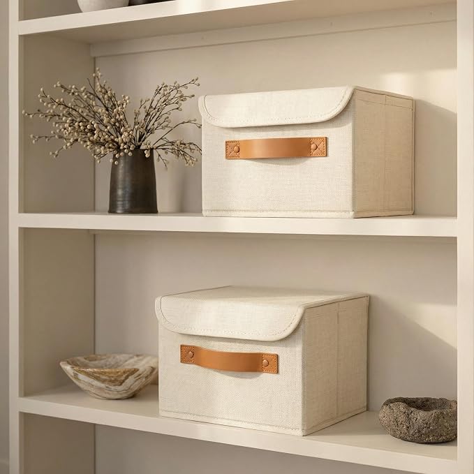 Decorative Linen Storage Boxes with Lids - Spacious Set of 2 Organizer Bins for Your Home Decor - The Perfect Small Container to Safely Store Photos, Documents and Memory Box Keepsakes in Style - Image 2