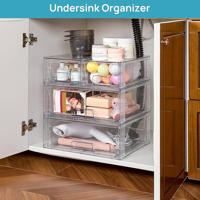 Vtopmart 3 Pack Stackable Storage Drawers, Easily Assemble Acrylic Bathroom Undersink Organizers,Clear Plastic Storage Bins for Closet,Cabinet,Pantry,Medicine Organization - Image 2