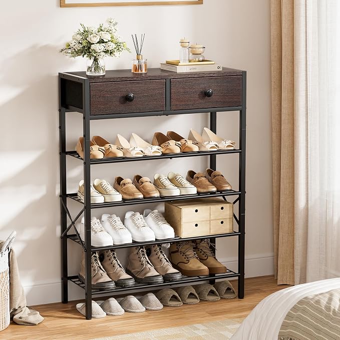 Shoe Rack for Entryway, 5 Tier Shoe Organizer with 2 Non-Woven Drawers, Metal Storage Shoe Shelf for 16-20 Pairs of Shoes, with Wooden Top and Steel Frame, Shoe Stand for Closet Dark Brown - Image 2