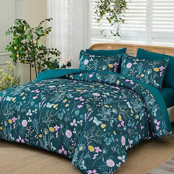 Yiran Teal Blue Comforter Set King Size, 7 Piece Floral Botanical Comforter Bedding Set, Farmhouse Bed in a Bag, Soft Microfiber Complete Bedding Set with Sheets for All Season