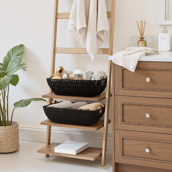 StorageWorks Large Wicker Storage Basket for Organizing, Toilet Paper Baskets for Shelf, Paper Rope Storage Baskets with Wooden Handles, Black, 2-Pack - Image 6