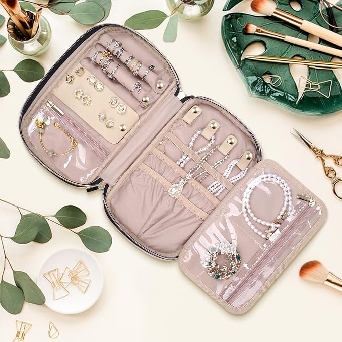 Jewelry Travel Case Organizer for Necklaces, Earrings, Rings, Bracelet, Watch, Soft Sided, Pink - Image 6