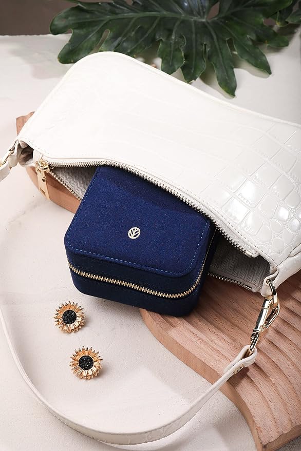 S.Leaf Travel Jewelry Organizer Boxes for Women Small Portable Necklace Earrings Bracelet Rings Travel Case Best Friend Birthday Gifts for Women Trendy (06_Suede_Touch_Navy) - Image 5