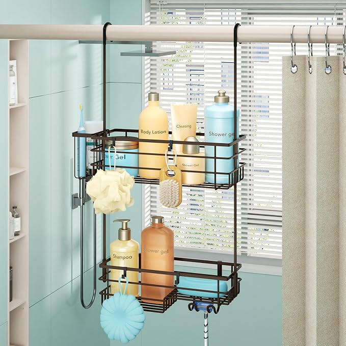 HapiRm Hanging Shower Caddy Organizer - No Drilling Shower Shelves with Hooks and Toothbrush Holder, Rustproof 304 Stainless Steel Bathroom Organizer - Bronze - Image 7