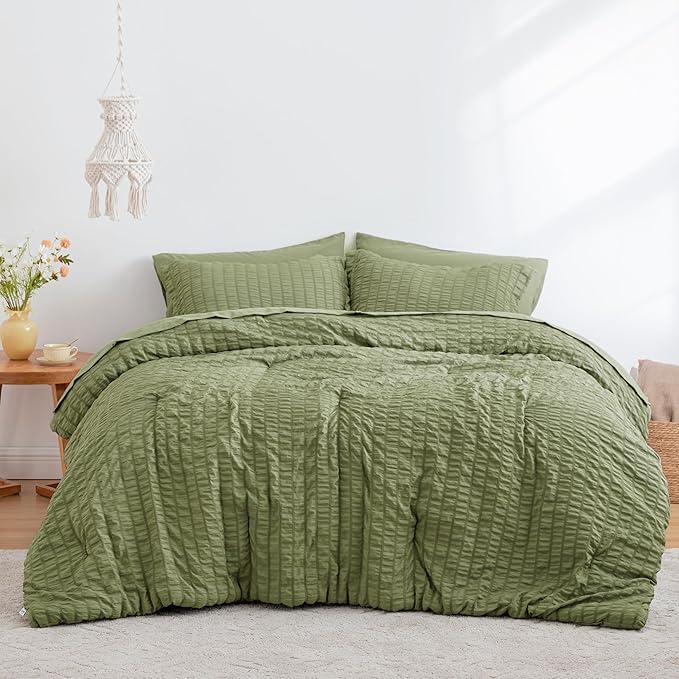 Love's cabin Seersucker Sage Green Full Comforter Set, 7-Piece All Season Lightweight Bed in a Bag Bedding Set with Comforter, Flat Sheet, Fitted Sheet, Pillowcases and Shams | Soft, Breathable, Lightweight