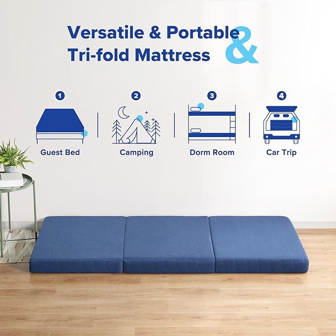 Olee Sleep Tri-Folding Memory Foam Mattress Topper, 4 Inch Gel Folding Mattress for Camping, Foldable Guest Bed, Washable Cover, CertiPUR-US Certified, Soft, Blue, Single Size