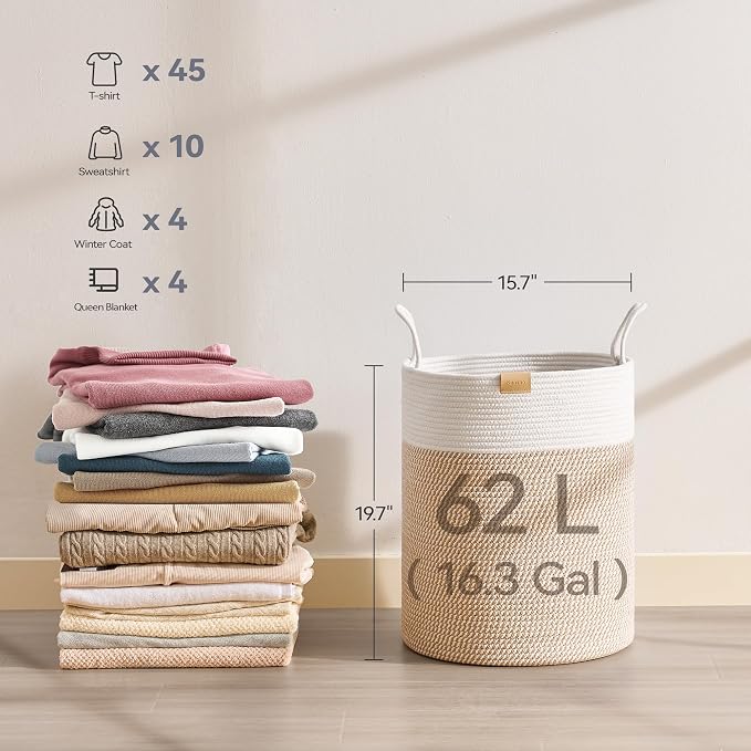 Nunsino Laundry Hamper 62L,Large Laundry Basket for Clothes,Decorative Storage Basket for Blankets,Cotton Rope Woven basket for bedroom,Brown White - Image 6