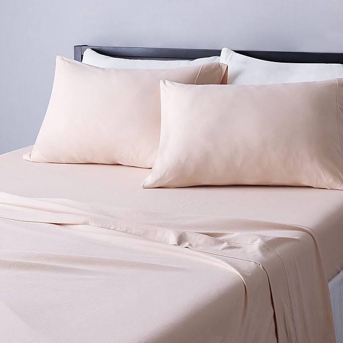 Amazon Basics 4 Piece Breathable 100% Cotton Jersey Knit Bed Sheet Set, Includes Flat and Fitted Sheets, Pillowcase, Queen, Blush