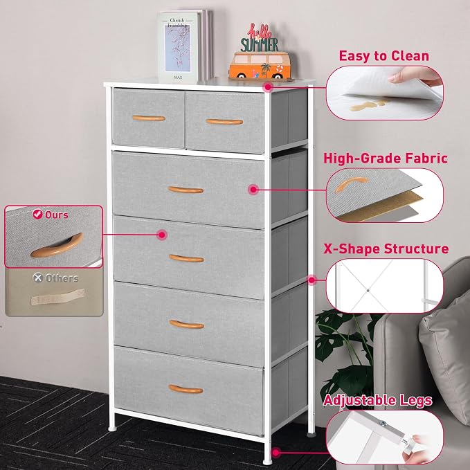 Mifuro Tall Dresser for Bedroom, Vertical Storage Organizer Tower with 6 Drawers, Chest of Drawers with Fabric Bins, Steel Frame, Wood Top for Bedroom, Closet, Entryway- Light Grey - Image 8