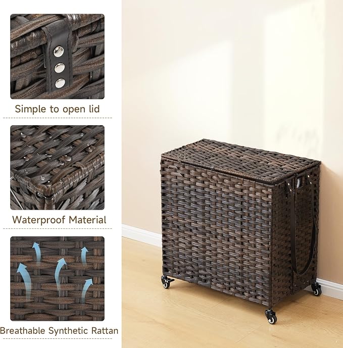 Laundry Hamper with Wheels, 34.3 Gallon(130L) Rolling Laundry Basket with Lid, 3-Section Rattan Clothes Hamper with 3 Removable Liner & 3 Mesh Bags, Laundry Sorter with Side Pocket, Brown - Image 7