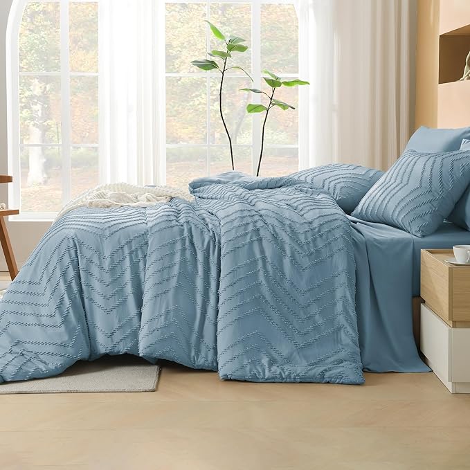Litanika Twin Comforter Set with Sheets Dusty Blue - 5 Pieces Boho Tufted Shabby Chic Bed in a Bag, Fluffy Soft Farmhouse Bed Set for All Seasons