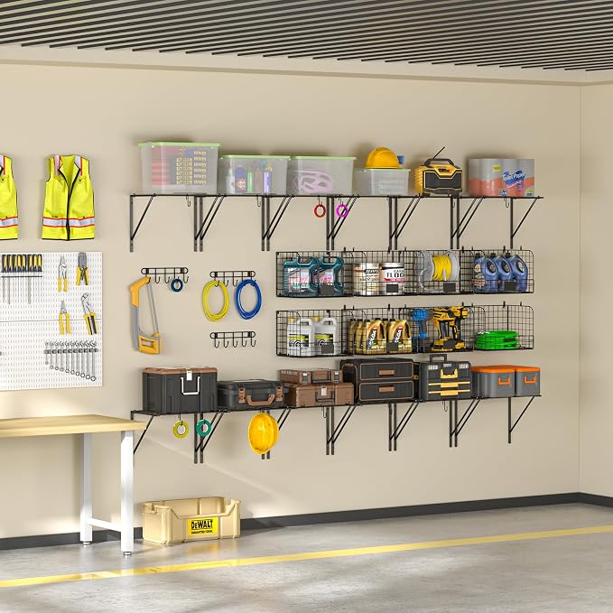 ThreeHio 2 Pack Garage Shelves Wall Mounted with Wire baskets, Heavy Duty Garage Wall Shelving with Hooks, Wire Shelf Baskets Tool Organizer for Home Garden Garage Organization and Storage - Image 5