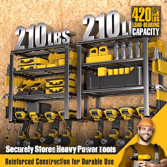 Spampur Power Tool Organizer Wall Mount, Heavy Duty 420LB with 8-Slot Drill Holder - All-in-One Garage Storage for Workshop, Christmas Gift for Men, Dad, DIYers, 15 Min Quick Assembly - Image 4