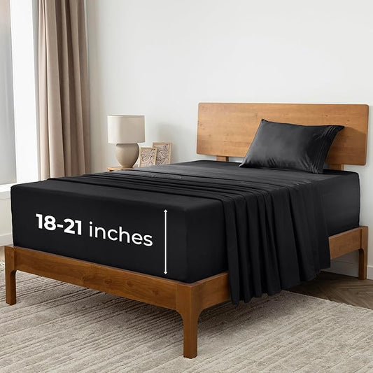 Mellanni Extra Deep Twin XL Sheets - 3 PC Iconic Collection Bedding - Hotel Luxury, Ultra Soft, Cooling Bed Sheets - Wrinkle, Fade, Stain Resistant (Twin Extra Long, Black)