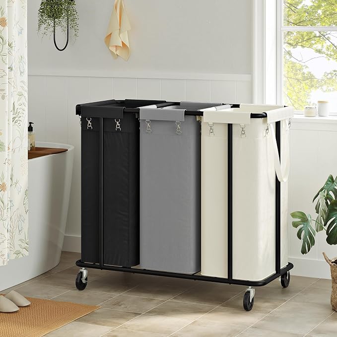 WOWLIVE Laundry Hamper with Wheels 260L Rolling Laundry Basket 3 Section Organizer Laundry Cart with Steel Frame and Removable Bags Large Dirty Clothes Hamper Dorm Room Storage for Bedroom - Image 3