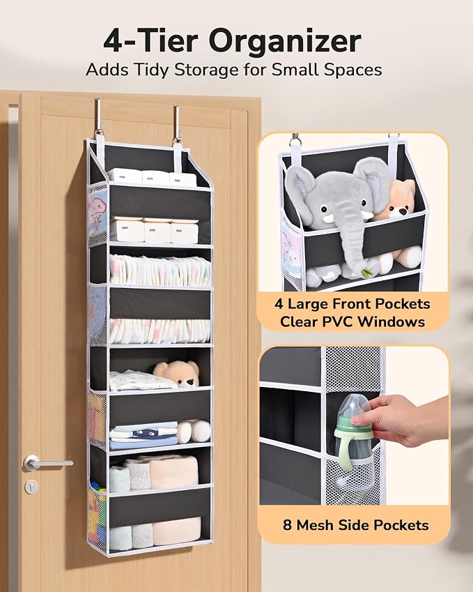 ULG 2 Pack Small Over Door Organizer with 4 Large Pockets 8 Mesh Side Pockets, Hanging Storage Organizer with Clear Window Kids Toys Deep Gray - Image 3