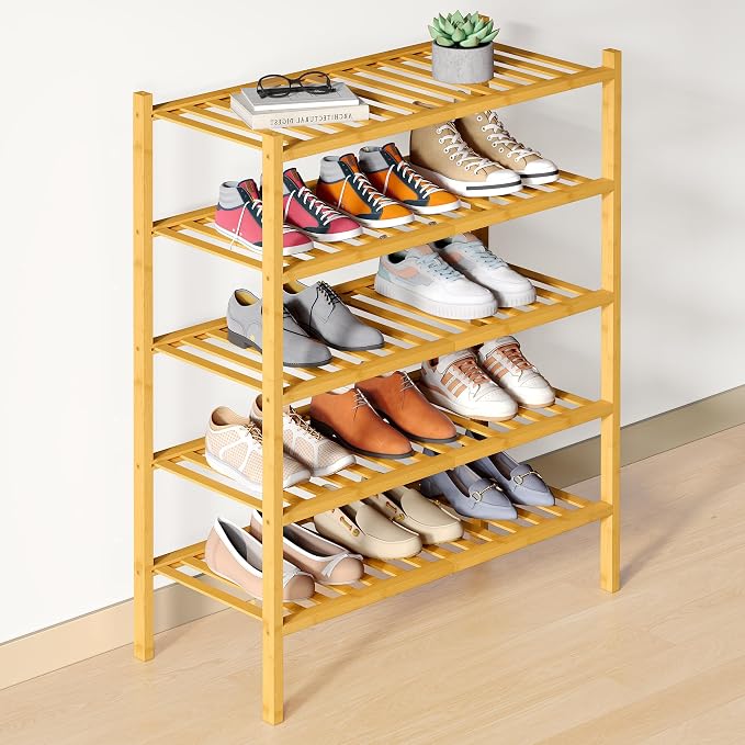 Smiry Bamboo Shoe Rack for Closet, 5 Tier Wooden Stackable Shoe Organizer, Free Standing Shoes Storage Shelf for Entryway, Front Door Entrance, Natural by Smiry