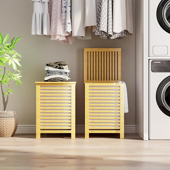 SMIBUY Double Laundry Hamper with Lid, 120L Bamboo Laundry Basket with Removable Liner Bag, 2-Section Clothes Divider Laundry Sorter for Laundry Room, Bathroom, Bedroom (Natural) - Image 9