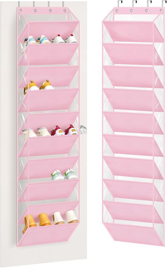 AOODA 10 Tier Clear Over the Door Shoe Organizer Storage, Deep Pockets Large Hanging Shoe Rack for Closet Door, Fit 20 Pairs Shoe Holder Hanger for Sneakers, Boots (Pink) by AOODA