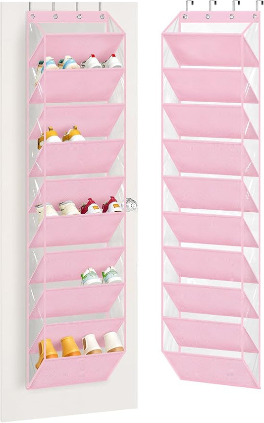 AOODA 10 Tier Clear Over the Door Shoe Organizer Storage, Deep Pockets Large Hanging Shoe Rack for Closet Door, Fit 20 Pairs Shoe Holder Hanger for Sneakers, Boots (Pink) by AOODA