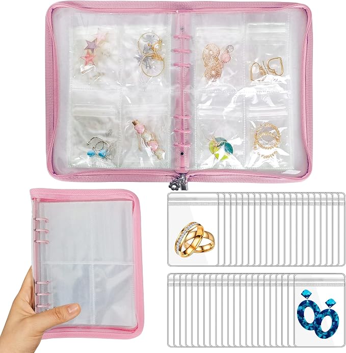 Earring Organizer Case Travel Jewelry Organizer Transparent Jewelry Storage Book for Necklace Bracelet Ring Holder with Small Clear Zippered Pouch by LingLingo