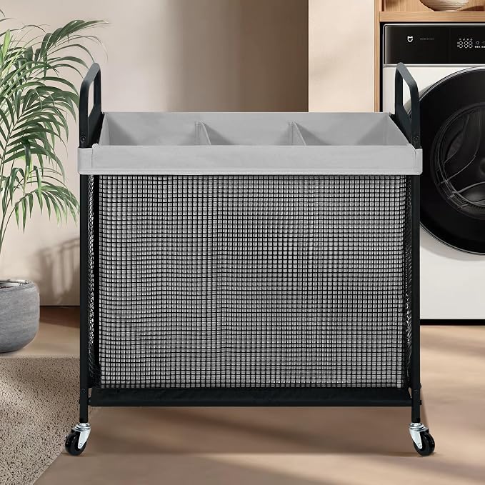 STO STO Laundry Hamper 3 Section, 120L Rolling Laundry Sorter Cart with Removable and Washable Liner Bag, Clothes Hamper with Wheels and Metal Handle for Laundry Room and Bedroom, Gray - Image 2
