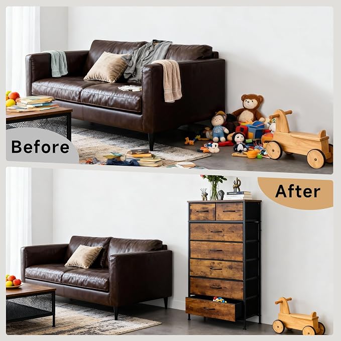 Mifuro Tall Dresser for Bedroom, Vertical Storage Organizer Tower with 7 Drawers, Chest of Drawers with Fabric Bins, Steel Frame, Wood Top for Bedroom, Closet, Entryway- Rustic Brown - Image 6