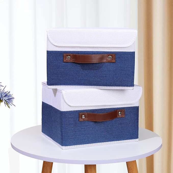 ANMINY 2PCS Storage Boxes with Lid Washable Decorative Storage Bin Basket with PU Leather Handle Foldable Linen Fabric Storage Cube Container for Home Closet Organizer - Deep Blue White, Small Size - Image 6