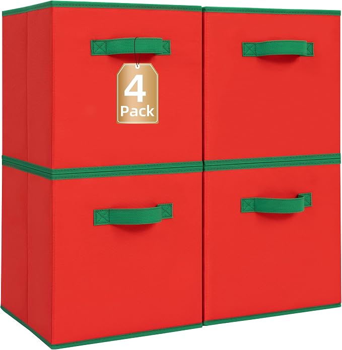 STORAGE MANIAC Storage Cubes, 11 Inch Durable 4 Pack Storage Shelf Basket for Christmas, Fabric Foldable Collapsible Bins with Handles for Organization, Closet, Shelves, Offices, Toys, Red by STORAGEMANIAC