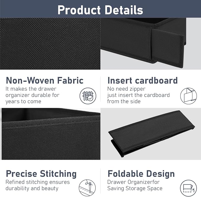 DIMJ Drawer Organizer - Small Clothes Organizer Set of 3, Drawer Dividers for Baby Clothes, Underwear, Socks, Bra, Belt, Tie - Black - Image 8