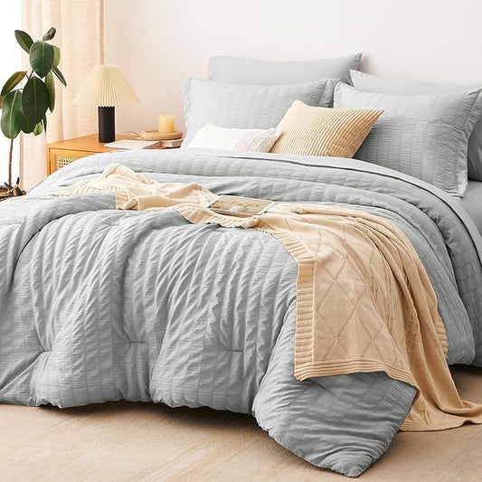 CozyLux Oversized Queen Comforter Set Light Grey Seersucker 7 Pieces 98x98 Bed in a Bag Comforter Set with Sheet, Luxury Bedding Set Down Alternative Comforter, Sheets, Pillowcases & Shams, Light Gray