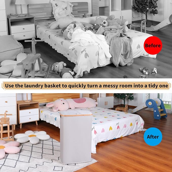 65L Slim Laundry Hamper, Narrow Laundry Basket with Lid,Foldable Clothes Hamper with Bamboo Handles,Hamper Basket with Removable Inner Bag for Laundry Room Bedroom College Dorm,17.17 Gals（Light Grey） - Image 4