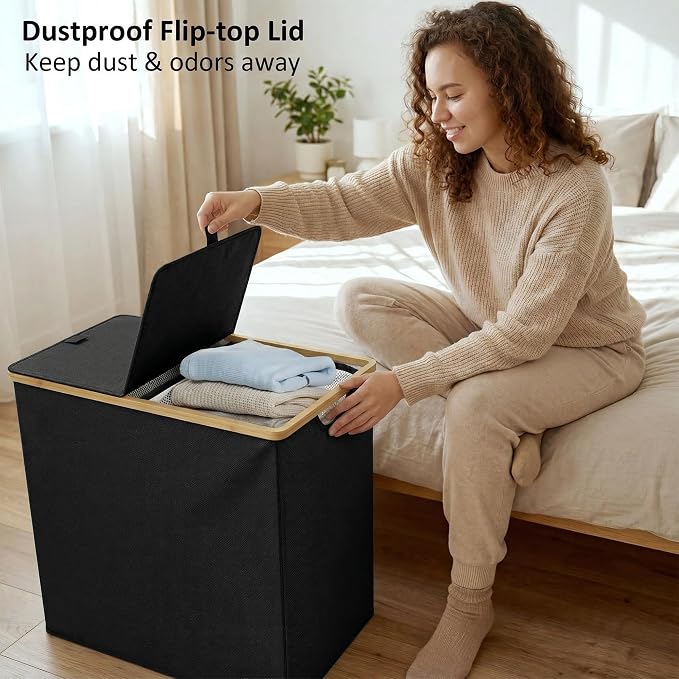 efluky Laundry Hamper with Lid, Double Laundry Hamper with 2 Removable Bags, 2 Section Laundry Basket with Bamboo Handles for Bathroom, Bedroom & Laundry Room, 140L (36.9 Gallon) Black - Image 8