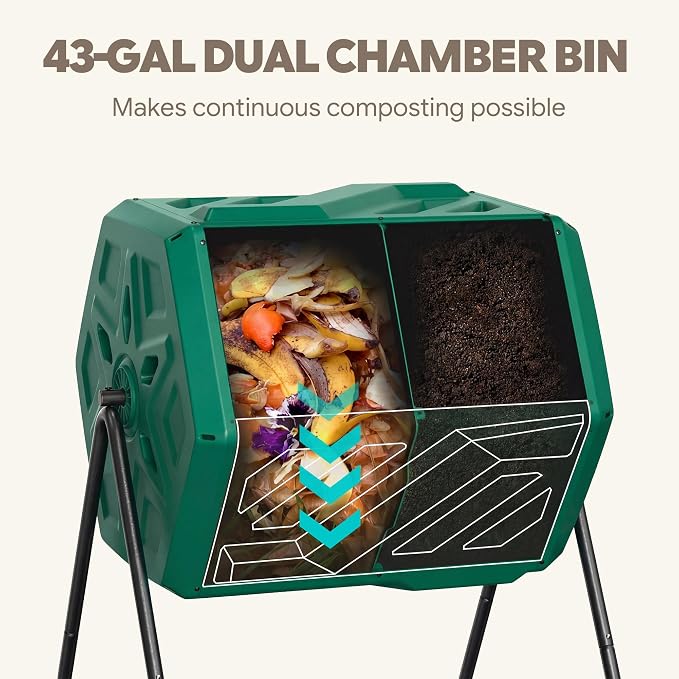 Werph 43 Gallon Compost Bin with Gloves, Fast Assembly & Easy Setup Outdoor Compost Tumbler, Updated Dual Chamber Tumbling Composter for Garden, Kitchen, and Yard Waste, Green - Image 5