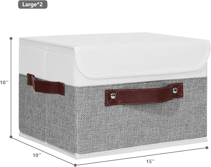 ANMINY 2PCS Storage Boxes with Lid Washable Decorative Storage Bins Basket with PU Leather Handle Foldable Linen Fabric Storage Cubes Containers for Home Closet Organizer - Gray White, Large Size - Image 5