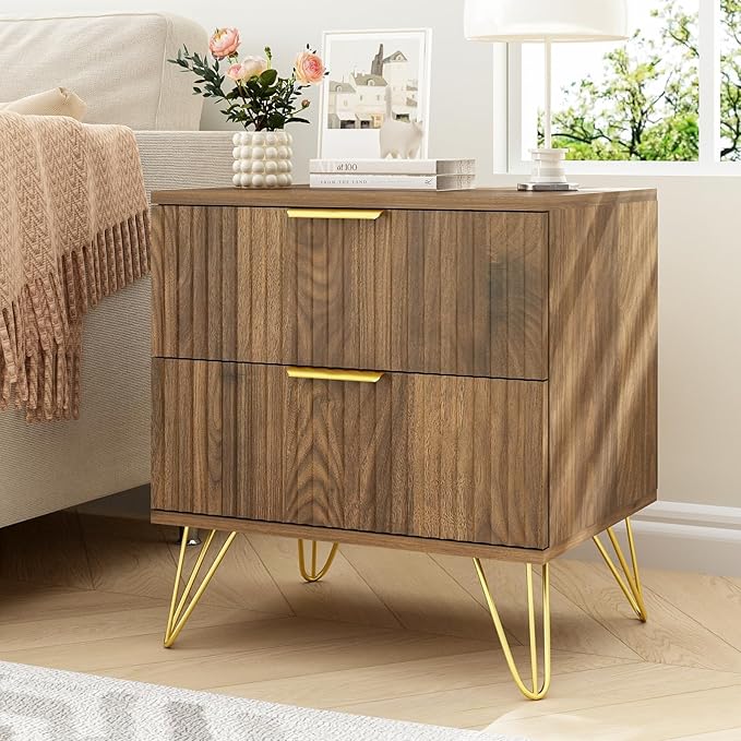 7 Drawer Dresser and Nightstand Sets for Bedroom, 3 Pcs Bedroom Set，Night Stand Set of 2 & 7 Drawer Dresser with Gold Handles, Wood Chest of Drawers Mid Century Storage Cabinet Set, Natural